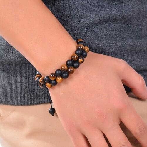 Matte Onxy & Tiger Eye Stone Two Kinds Natural Stone Mixed Beads Double Row Unisex Charms Bangle Bracelet For Girls Gift