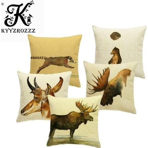 Oil Painting Aniaml Pillow Cushion Cover Buffalo Moose Boar Coati Throw Pillow Hare Antelope Panda 45*45 cm Home Office Decorate