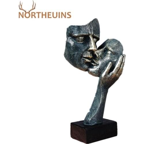 NORTHEUINS 29cm Resin Bronze Couple Mask Statues Abstract Figure Lover Sculptures Figurines For Interior Decoration Accessories