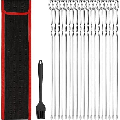 BBQ Skewers, 22Pcs Stainless Steel Kebab Skewer With Silicone Brush And Storage Bag, 40 Cm/15 Inch Long Metal Skewers
