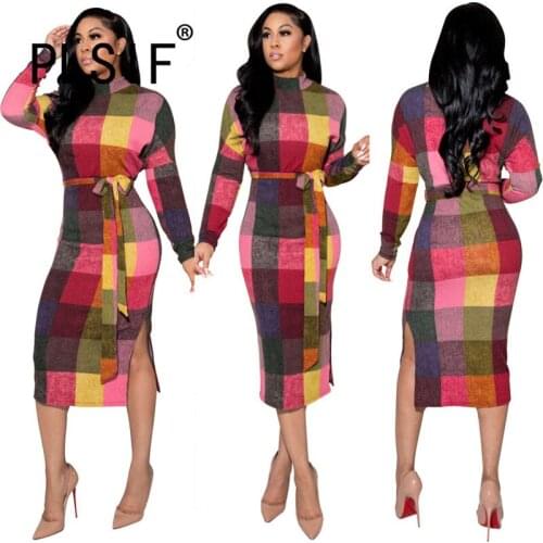 2021 Wholesale Autumn Winter Women Bodycon Dress Plaid Print Sexy Full Sleeve Party Vestidos