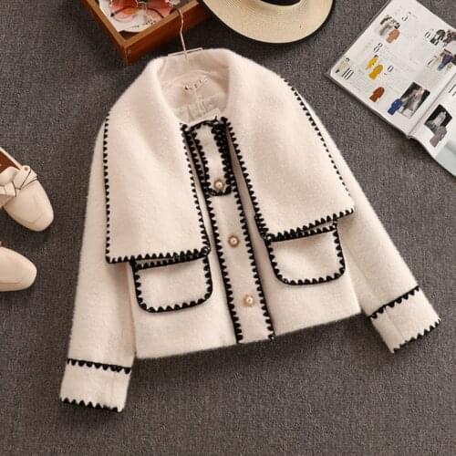 Ladies Wool Short Coat Winter Clothes High Quality Women White Bow Mink Jacket Coat for Female Slim Patchwork Pocket Outerwear