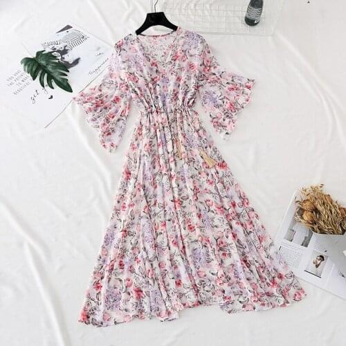2020 Women Summer V Neck Ruffle sleeve Vintage Boho Long Floral National Chiffon Dresses Party Beach Dress Floral Sundress