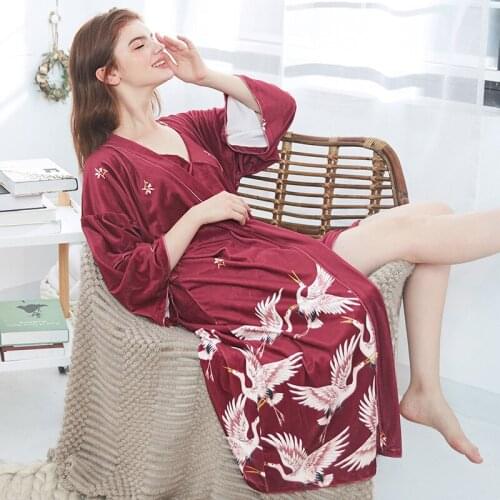 Pattern Velvet Pajamas Ma'am Autumn And Winter Red-crowned Crane Hanging Skirts Robe In Thickness Long Style Pajamas Sr9856
