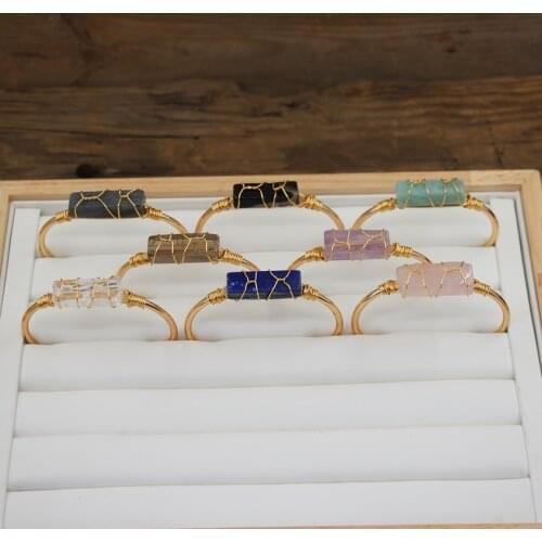 Rectangle Natural Stone Open Cuff Bangles Gold Color Wire Wrap Lapis Rose Quartzs Fashion Women Summer Bracelet Jewelry QC2039