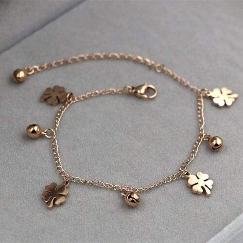Elegant Fashion Clover of Four Leaves Bell Anklet Titanium Steel Maintains Color Rose Gold Plated Clover Ornament