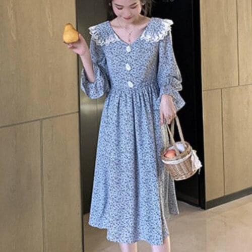 One-piece retro platycodon lace stitching lapel v-neck open back print dress female temperament floral split mid-length dress sp