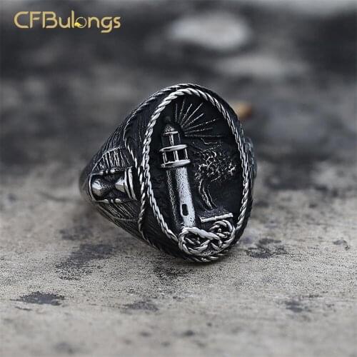CFBulongs Retro Vikings Lighthouse Mens Ring 316L Stainless Steel Nautical Nordic Peace Amulet Punk Jewelry