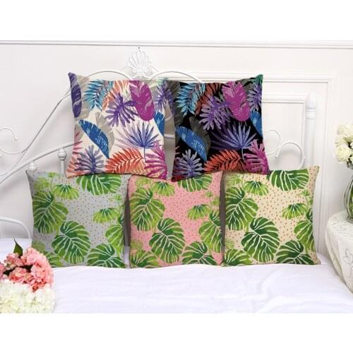 Decorative Pillow Case New Plant Leaf Painting Pillowcase 17.5 Inch Cotton Linen Chair Seat Throw Pillow Cover P1046