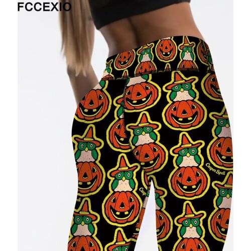 FCCEXIO High Quaility 3D Happy Halloween Pattern Pumpkin Digital Print Workout Leggings High Waist Slim Women Full Leggings