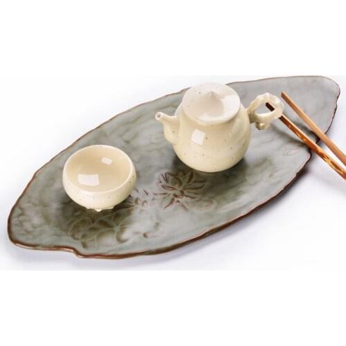 Celadon Glaze Single Ceramic Manual Stoneware Bamboo Tea Tray Pot Tray Small Number Tea Table Teapot Tray Tea Ceremony Tray