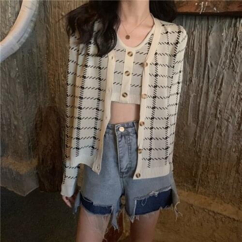 Two Piece Set Women Fall Tank Top Vest Button Up Long Sleeve Cardigan Knitted Suit Casual Ladies Tops Fashion Vintage Plaid Coat