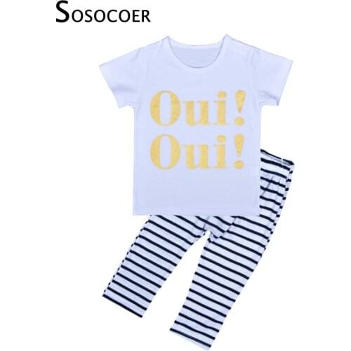 SOSOCOER Girl Clothing Set Summer Fashion Letter Short Sleeve T Shirt+Stripe Pants Clothing Sets For Baby Girls Clothes Outfits