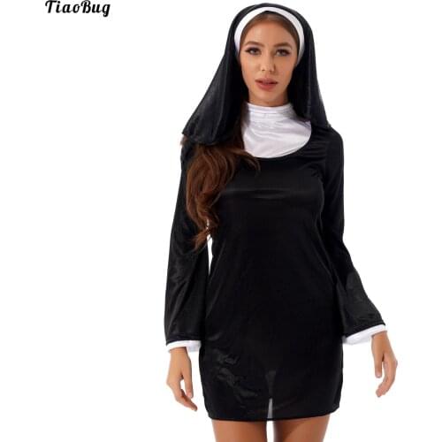 TiaoBug Lady Women Nun Cosplay Costume Role Play Halloween Carnival Stage Outfit High Neck Flare Sleeve Dress With Headscarf