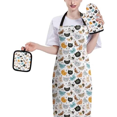 Cute Cat Paw Cartoon Pattern Kitchen Heat Insulated Padded Oven Gloves Set with Mat and Apron Cooking Accessories Anti-hot Mitts