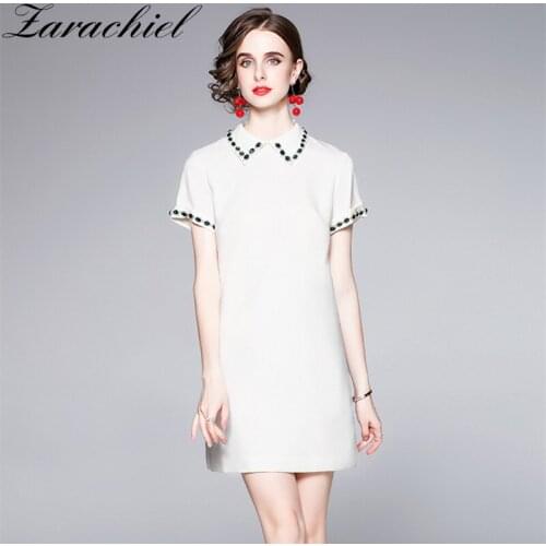 Little Fragrant Style Handmade Green Gemstone Diamonds Dress Summer Ladies Girls Peter Pan Collar Solid Celebrity Mini Vestidos