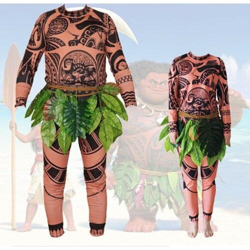 Moana Maui Tattoo T Shirt/Pants Halloween Adult Mens Women Cosplay Costumes with Leaves Decor Blattern Halloween Adult Cosplay