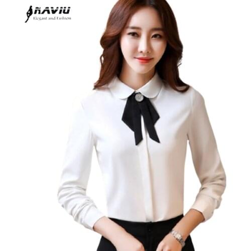 New Spring Elegant Bow Tie Women Shirt White Fashion Clothes Formal Business Slim Chiffon Blouse Office Ladies Plus SizeTops