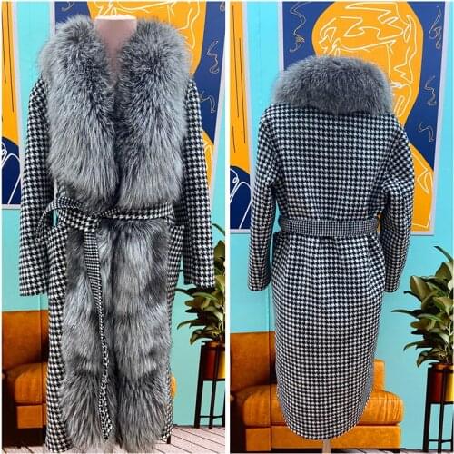 Aulande2021 New Autumn And Winter Maulani Plaid Coat With Real Natural Fox Fur Womens Coat Long Fashion Warm Fur Coat