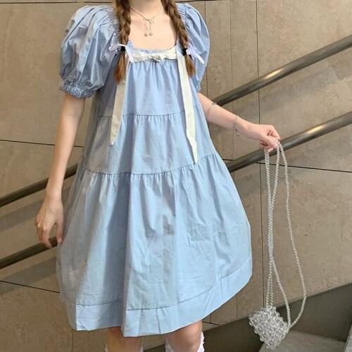 Sweet Princess Dress Kawaii Cute Bow Puff Sleeve Women A-Line Dresses Japanese Soft Girly Loose Slash Neck Aesthetic Costume