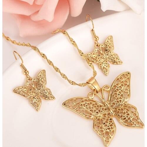 Dubai India Gold jewelry Pendant Necklace earrings Women butterfly Papua New Guinea girls kids party Jewelry setsChristma gift