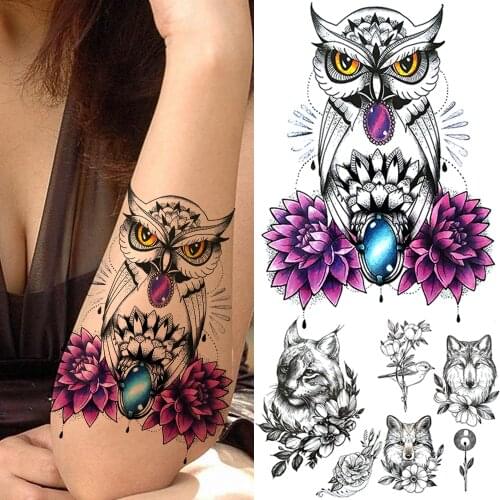 Clever Owl Flower Temporary Temporary Tattoos For Women Men Fake Diamond Cat Wolf Bird Tattoo Sticker Black Sexy Tatoos Adults