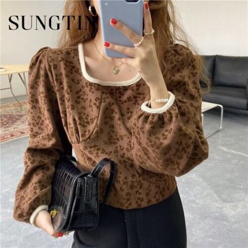 Sungtin Slim Korean Fashion Vintage Spuare Collar Floral Blouse Shirt Women Lace Flower Shirt Female Print Retro Tops OL Spring