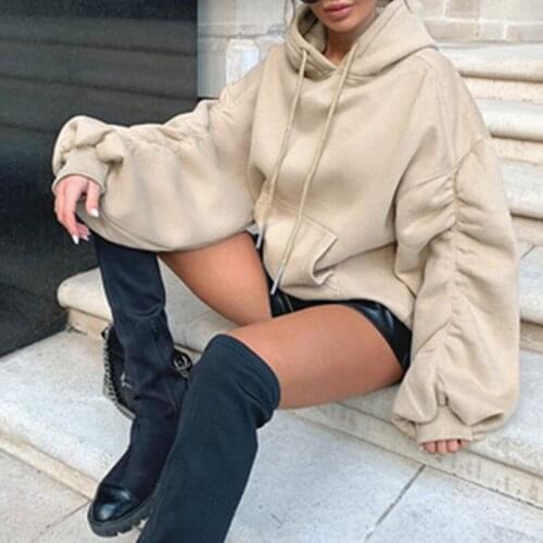 2021 Autumn Winter White Oversized Sweatshirt Women Khaki Long Puff Sleeve Ruched Casual Loose Hooded Fahion