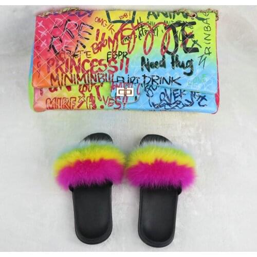 Real Fox Fur Slippers Rainbow Jelly Bags Set Women Fur Slides Fluffy Fur Flip Flops Graffiti Handbag Fashion Travel Furry Shoes