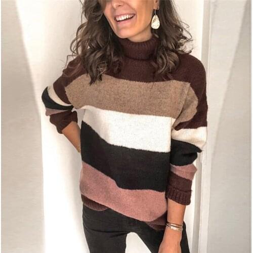 Women Turtleneck Sweaters Autumn Winter Loose Patchwork Print Striped Pullover Ladies Long Sleeve Casual Warm Soft Tops Sweater