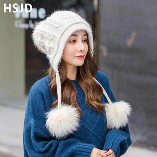 Cute 3Hair Ball Womens Winter Hats Flower Knitted Beanies Hat Fur Handmade Crochet Skullies Beanies Warm Caps For Girl Bonnet