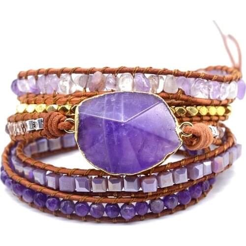Healing Stone Wrap Bracelets Handmade For Women Natural Stone Beaded Leather Bracelet Genuine Leather 5 Strands Wrap Bracelet