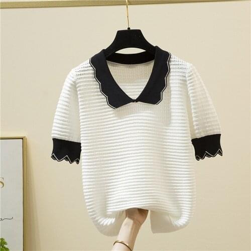 LJSXLS Hollow Out Peter pan Collar Sweter Mujer Summer Knitted Thin Short Sleeve Sweater Women Loose Elasticity Pullovers Top
