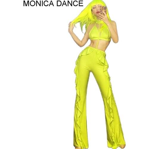 Women Sexy Stage Prom Birthday Celebrate Outfits Fluorescent Green Top Long Straight Flared Pants Stage Performance Rave Costume