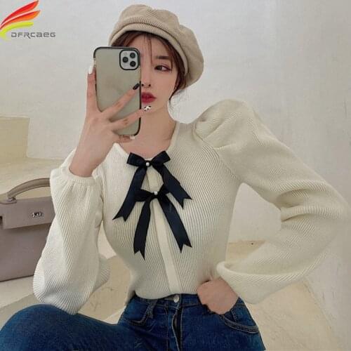 New 2021 Winter Long Puff Sleeve Cute Sweater Women With Bow Beige Or Black Color Knitted Cropped Sweaters Pullovers Female