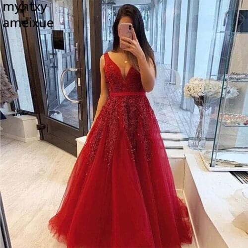 V-neck Appliques Beading Prom Dress Sexy Burgundy Robe De Soiree Tiered Tulle Vestido Noite Women Formal Party Dresses 2020