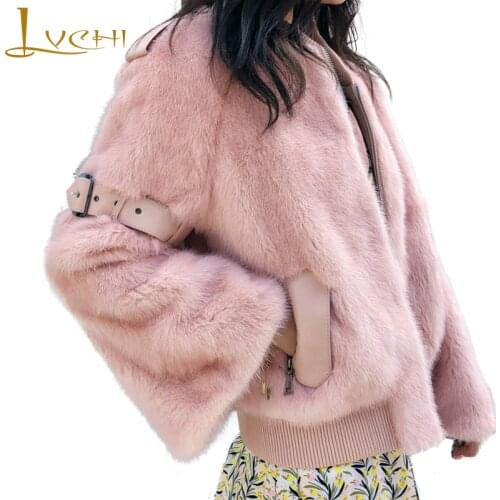 LVCHI 2019 Winter Mink Fur Coat Real Fur Coats Women Full Pelt Belt Sleeve O-Neck Jacket baseball uniform Short Mink Fur Coats