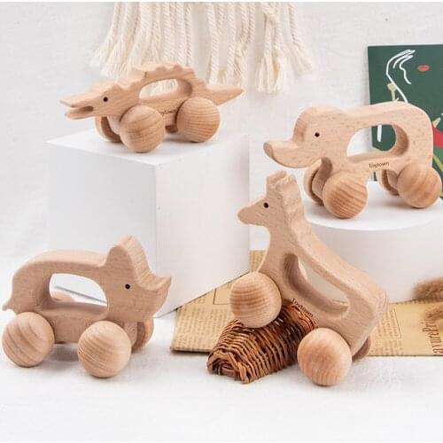 1Pc Cartoon Animal Shape Wooden Car Toy Educational Montessori Wooden Sliding Car Toys Beech Wood Blocks For Teething Baby Gift