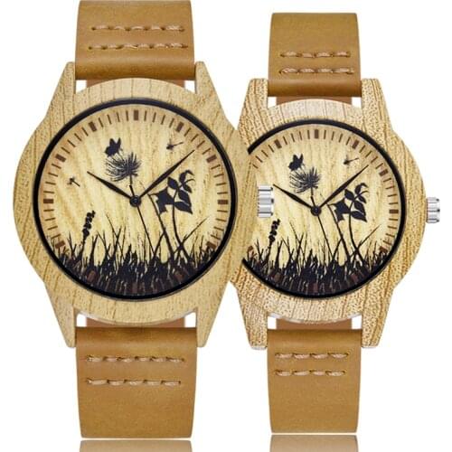 2PCS SET Wood Watch Men Women Couple Imitation Bamboo Wooden Quartz Male Watches Leather Skull Head Horse Deer Light Clock Reloj