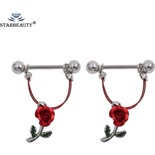 2 PCS/Lot Creative Leather Red Rose Nipple Piercing Mamilo Sexy Nipple Rings Women Bar Rings Body Jewelry Pircing Pezon Hombre