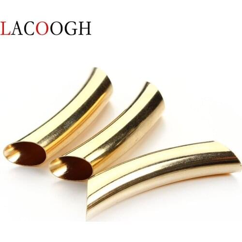 20pcs Gold Color Copper Brass 9mm Hole 45mm Long Curved Tube Beads Connector Fit DIY Round Leather Bracelets Necklace Findings