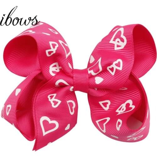 4 Inch Print Hair Bow Valentines Day Handmade Grosgrain Ribbon Hair Clips Red Heart Love Sweet Headwear Girls Hair Accessories