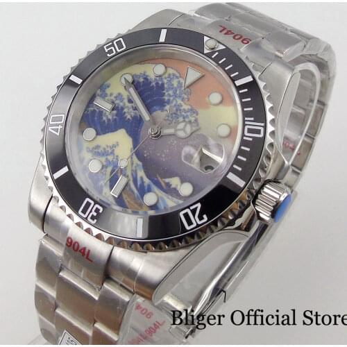 BLIGER Brand Auto Men Watch Surfing Dial 24 Jewels NH35A Brushed Oyster Strap Sapphire with Cyclop Unidirectional Bezel