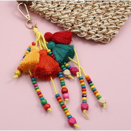 Bohemian Colorful Handmade Tassel Wood Beads Keychain Boho Key Ring For Women Handbag Accessories Key Holder Jewelry Gifts