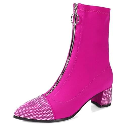 Fashion Winter Rhinestone Elastic Boots Square Heel Chunky Heel Zip Ankle Boots Women Casual Womens Boots