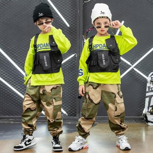 Kids Hip Hop Clothing Stage Outfit Sweatshirt Top Streetwear Tactical Cargo Camo Pants For Girls Boys Jazz Dance Costume Clothes