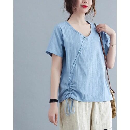 Women Cotton Linen Casual T-shirts New 2021 Summer Vintage Style V-neck Solid Color Loose Female Short Sleeve Tops Tees S3897