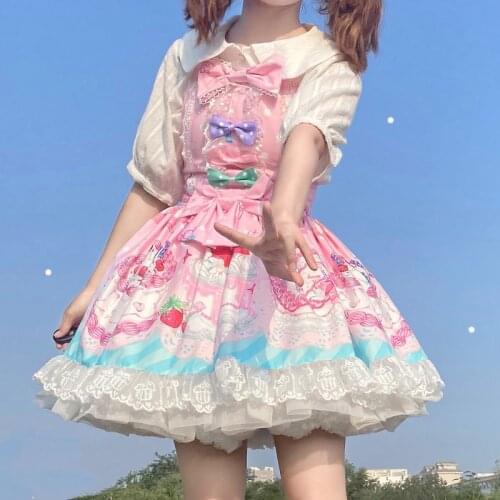 Kawaii Soft Girly Japanese Sweet Lolita Style Dress Vintage Square Collar Cartoon Cake Lace Bow Sleeveless JSK Princess Dress