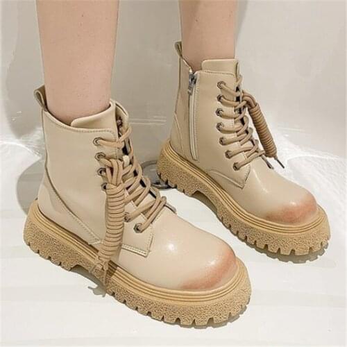 Classic Women Round Toe Platform Leather Ankle Boots 2021 New Chunky Lace Up Spring Female Motorcycle Footwear Botas Mujer