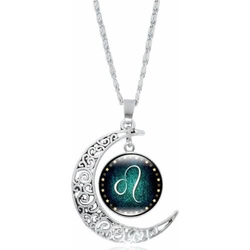 Konminry Hot Zodiac Symbol Moon Shape Necklace For Women Girl Green Round Glass Constellation Pendant Necklace Jewelry
